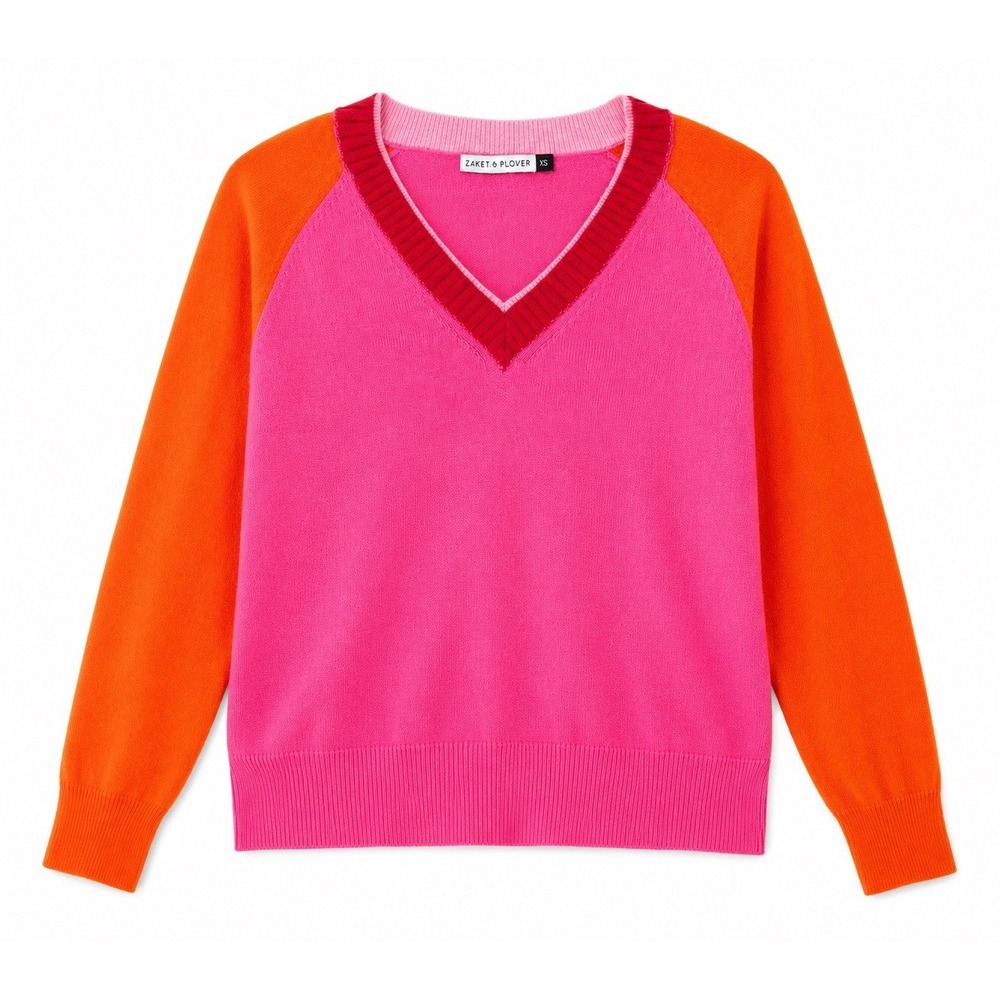 Zaket & Plover Sweater XS Pink Colorblock V Neck Preppy Chic Cashmere Blend